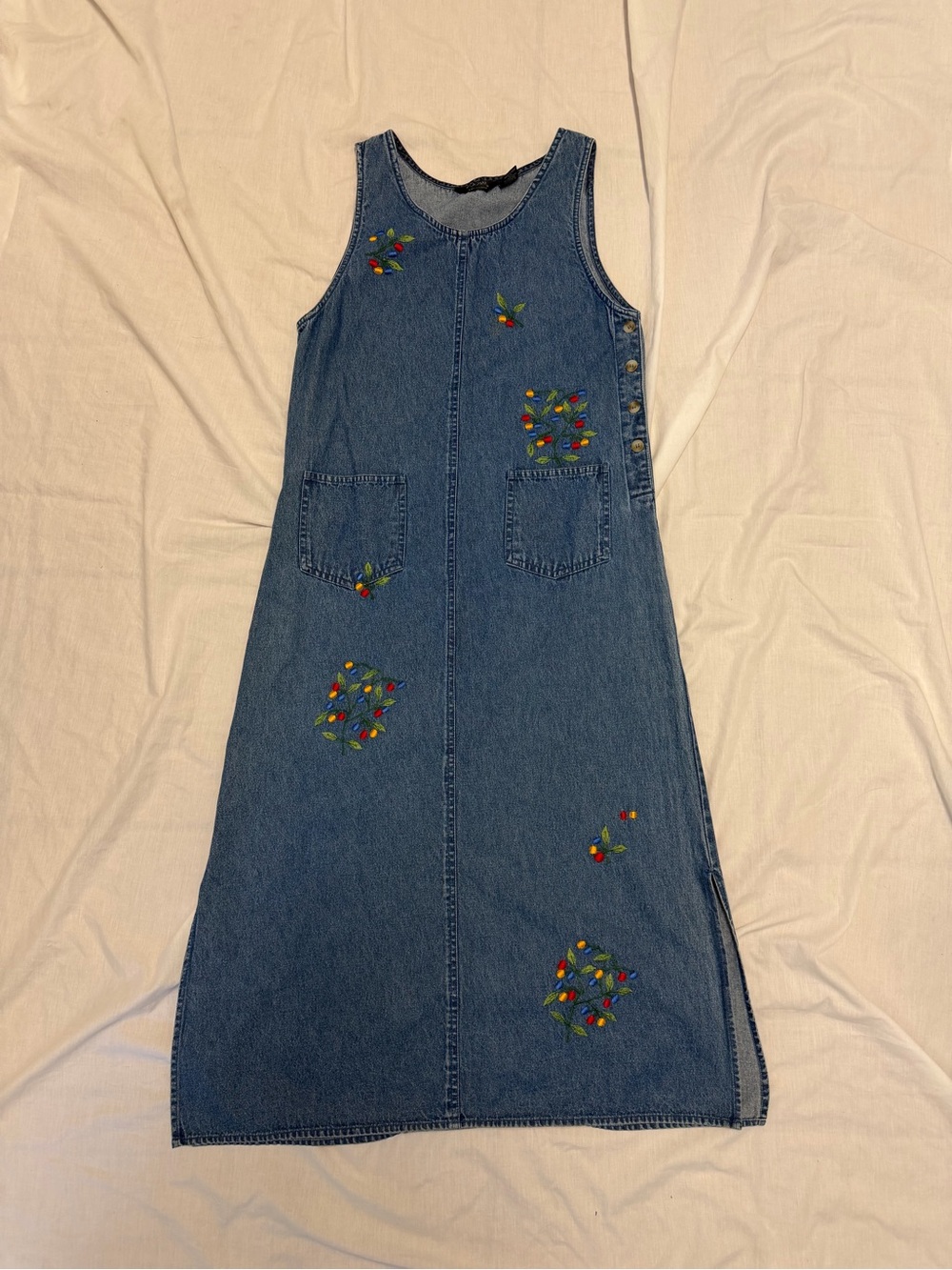 Women’s denim sleeveless maxi dress with embroidered flowers